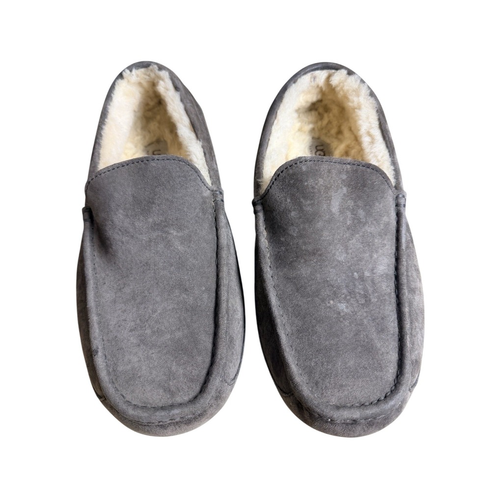 UGG Ascot Men's 12 Slippers in Gray Suede Shearling Loafers Moccasins